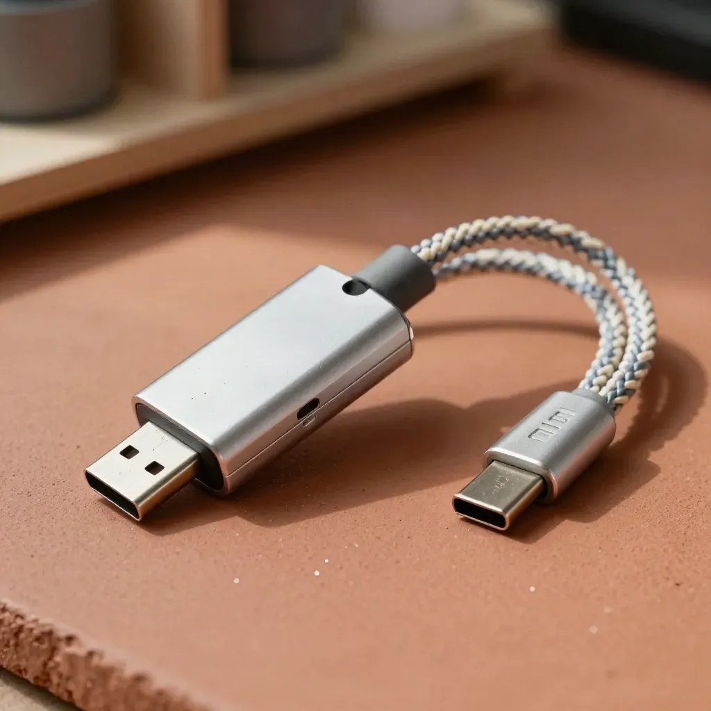 테라코타 표면 위 USB-C 하드웨어 키와 알루미늄 어댑터 블록, 브레이드 케이블 클로즈업