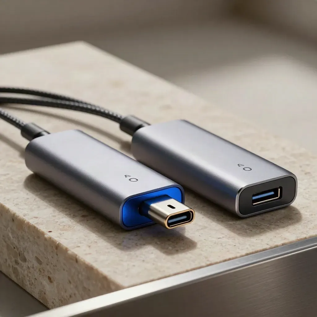 그래파이트 USB-C 도크 두 개와 케이블 정리대, 브리지 커넥터가 만나는 정물