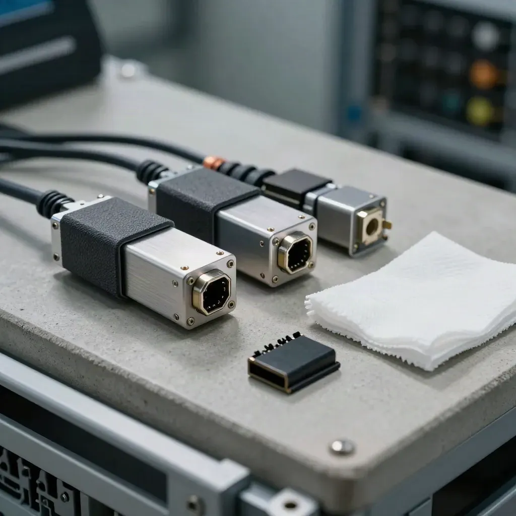 콘크리트 작업대 위 SFP 모듈, 패치 케이블, 레일 클립, 케이블 콤의 다크한 스틸라이프
